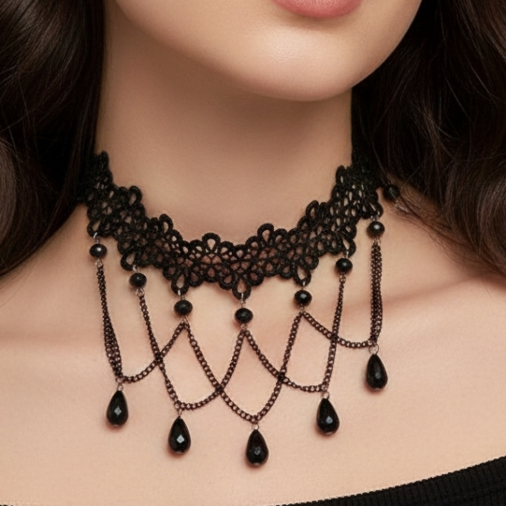 ♠️ Elegant Black Lace Choker Dangle Beaded Necklace New
